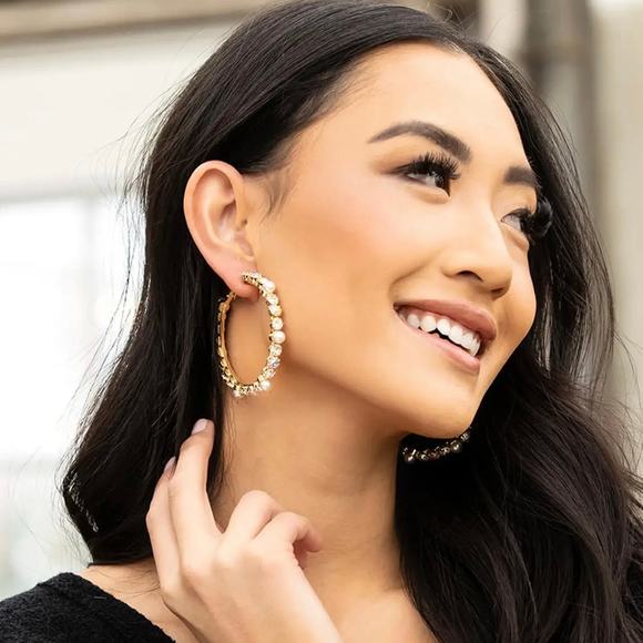 New Plunder "Kirby" Crystal and Pearl Hoop Earrings (2.5") - Picture 5 of 7